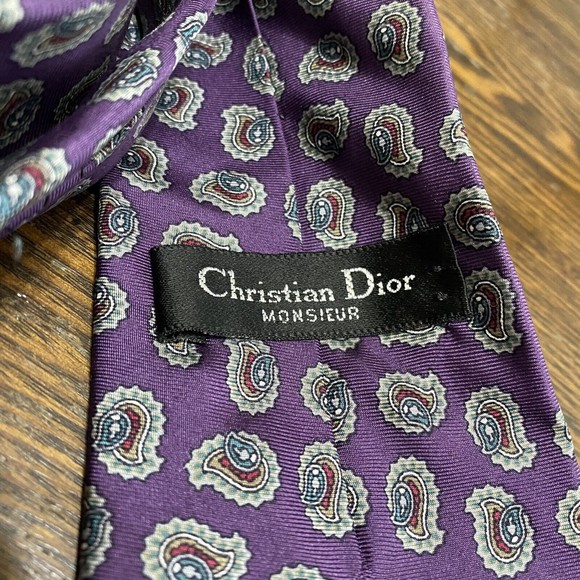 Christian Dior Italy Mens Neck Tie Silk Purple Paisley - Picture 3 of 4
